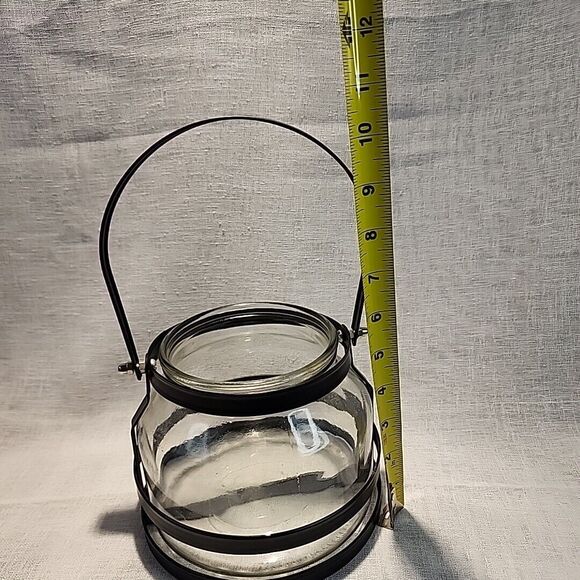 Black Metal Clear Glass Hanging / Tabletop Lantern Candle Holder 5” Tall Heavy - Picture 7 of 11